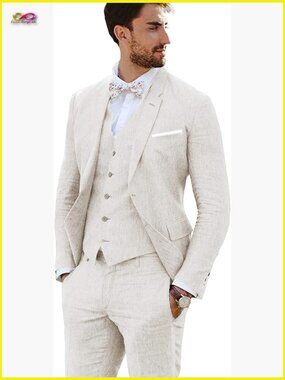 Linen Suit Set Vintage Retro Slim Fit Jacket Vest Pants Formal Wedding